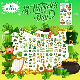 UVUXO St.Patrick's Day Temporary Tattoos for kids - 10 Sheets St Patricks Day Party Supplies Shamrock Temporary for Girls Boys St.Patrick's Day Party Supplies Gifts for Kids