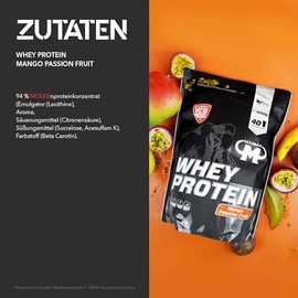 Mammut Nutrition Whey Protein Pulver Mango Passion Fruit – 1kg – 27g Protein pro Portion – Eiweißpulver mit hohem BCAA-Anteil – Perfekte Löslichkeit in Wasser & Milch – Ideale Zwischenmahlzeit
