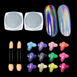 Nail Chrome Powder NOVAL Holographic Chrome Nail Powder for Nails 2 Boxes Mirror Chrome Nail Powder Glitter Nail Powder with 2PCS Sponge Sticks for Women Girls Gift DIY Nail Art (Holographic)