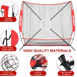 AOLIGEIJS 7'X7' Baseball Softball Practice Net,Pitching Net,Batting Net,with Baseball Tee,Baseball Pitching Kit - Batter Dummy,Bonus Strike Zone and Bow Frame (Red Baseball Net)