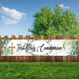 First Holy Communion Banner Decorations, First Communion Backdrop Decorations, Holy Communion Hanging Banner for Wall Table Indoor Outdoor Decorations