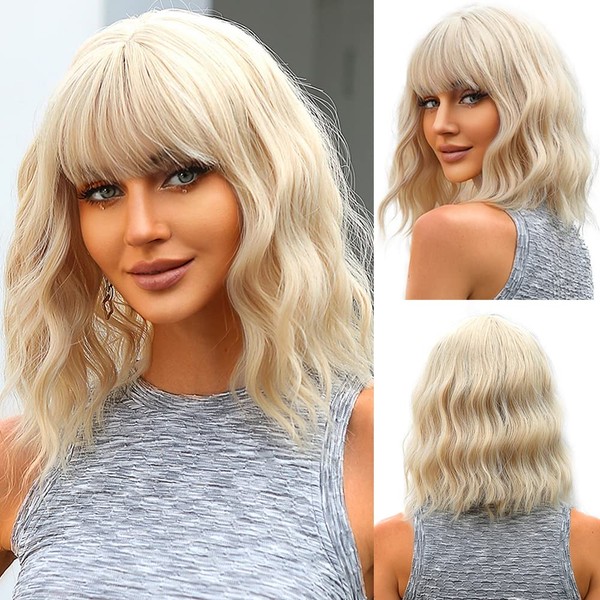 Esmee Short Wave Platinum Light Blonde Bob Wigs With Bangs Shoulder Length Wig Curly Wavy Synthetic Cosplay Wigs for Women 14 Inches