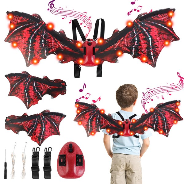 deAO Electric Dinosaur Wings, Light up Wings, Dragon Wings with Sound, Dinosaur Toy for Boys, Halloween, Cosplay, Fancy Dress-up, Kids Adult Costumes, Christmas, Birthday (Red)