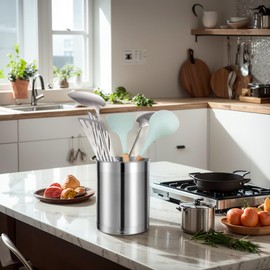 KSENDALO Stainless Steel Utensil Holder Set of 3 - 6.6* 5inch Round Kitchen Caddy, Crock, and Organizer for Cooking Spoons, Silverware, and Spatulas - Stylish Metal Container for Countertop, Silver