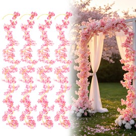 QEEYON 4 Pcs 180cm Cherry Blossom Garland, Artificial Pink Flower Garland Silk Sakura Vines Hanging Artificial Cherry Blossom for Home Wall Decoration Wedding Party Valentine Wreath Making