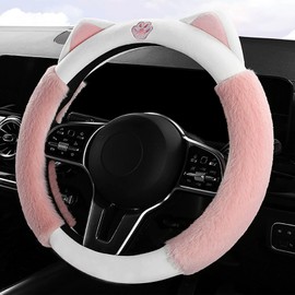Car Steering Wheel Cover, Kitty Cat Ears Cute Steering Wheel Protector, Fluffy Soft Fuzzy for Winter Warm, Universal 15 Inch Steering Wheel Cover, Cute Car Accessories for Women (Pink)