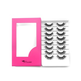 BTLLSSH 8Pair 3D5D 0.55INCH Fluffy Natural Look Faux Mink Lashes Thick False Eyelashes Volume Cat Eye Lashes Extension with Dark Pink Box