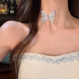 Cimenexe Bohemian Crystal Lace Butterfly Choker Necklace Blue Cz Butterfly Collar Necklace Butterfly Transparent Fishing Line Necklace Lace Blue Butterfly Necklace Jewelry for Women and Girls Gifts