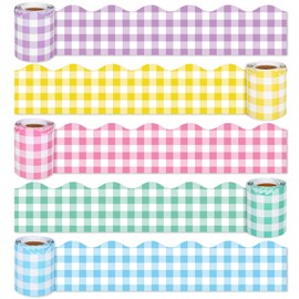Whaline 164Ft Spring Easter Buffalo Plaid Bulletin Board Borders 5 Rolls Die-Cut Pastel Pink Blue Yellow Green Strips Plaid Rolled Bulletin Board Trim for School Classroom Office Chalkboard Decoration