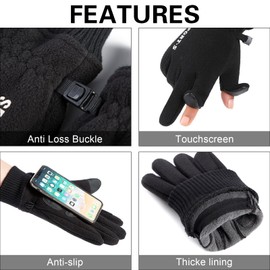 Fnaobai Fleece Gloves for Women Men Winter Warm Touch Screen Cold Weather Adjustable Wrist Thermal Mittens for Running Skiing Black 2 Fingers Men