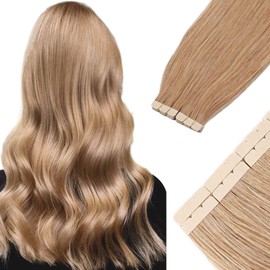 Benehair Tape-in Hair Extensions Human Hair Blonde 20pcs 50g/pack Straight Hair Extensions Seamless Skin Weft Tape-in Natural Hair for Women (20", 27 Dark Blonde)