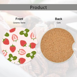 Pink Strawberry Car Coasters,Ceramic Absorbent Cup Holders with Finger Notch & Cork Base Car Assecories for Women/Men 2.6"(2 Pieces)