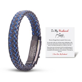 To Husband Blue Braided Leather Bracelet Love You Forever Adjustable Cuff Bangle Bracelet,Men's Stainless Braided Leather Bracelet Bangle Wristband Graduation Birthday Gift