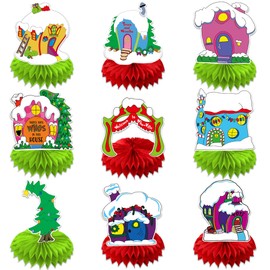 YURWL 9 PCS Whoville Christmas Table Decorations Christmas Party Decorations Honeycomb Centerpiece, Whoville Christmas Village Party Supplies for Home, Office, School Party,Gifts for Kids