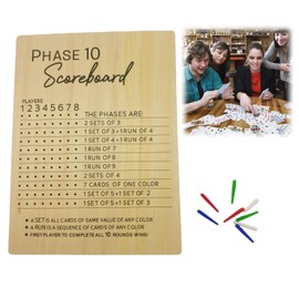 Phase 10 Score Board, Wooden Score Sheets with 8 Colored Pegs Accessories for Adults Party, Phase 10 Score Board for Flip Dice Game and Card Game