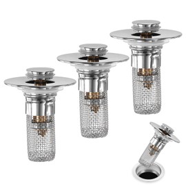 M METERXITY 3-Pack Bathroom Sink Stopper Hair Catcher, Bathroom Sink Drain Strainer with Removable Stainless Steel Hair Catcher Basket for Bathroom Stopper Replacement [Silver]