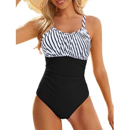 Modest One Piece Swimsuit Women Tummy Control 2025 Long Torso Slimming Bathing Suit Cute Swim Suits Black White Slash Teen Girls S