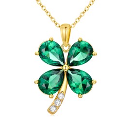 AHTAMOS Shamrock Necklace Emerald Necklaces for Women 18K Gold Plated Silver Four Leaf Clover Green Emerald Pendant Necklaces, May Birthstone 16+2"