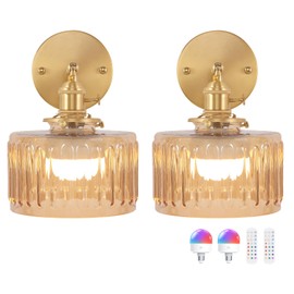 Shenmoyl Vintage Battery Operated Wall Sconce with Amber Striped Glass Lampshade 5000 mAh Rechargeable Battery Powered Wall Light with Remote Control for Bedside Bedroom Doorway, Set of 2