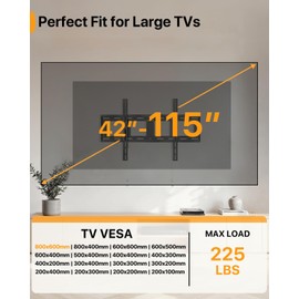 Perlegear Heavy Duty Fixed TV Wall Mount for 42"-115" TVs up to 225 lbs, Low Profile TV Mount Fits 16", 24", 32" Studs, One-Piece Bracket with Magnetic Pull Tabs, Max VESA 600x400mm