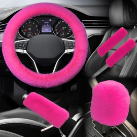 5PCS Fluffy Car Steering Wheel Cover Set, Includes Faux Fur Gear Shift Cover & Handbrake Cover & Steering Wheel Protector & 2 Seat Belt Shoulder Pads, Winter Fuzzy Warm Car Accessories (Rose Red)