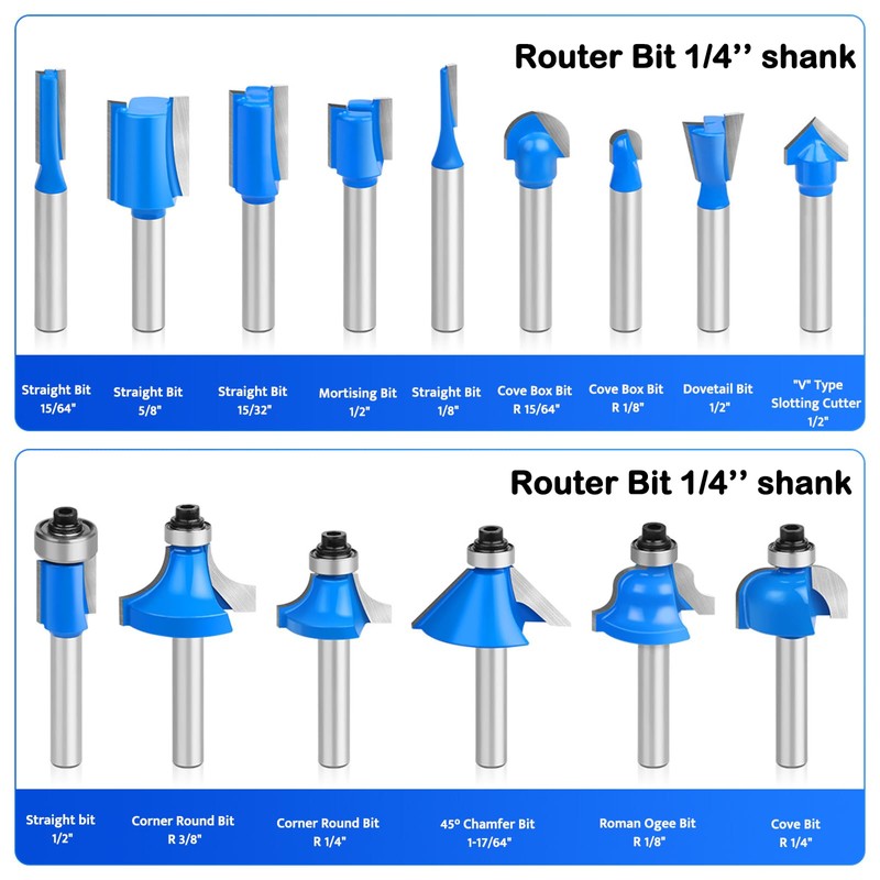 Router Bits Set 1/4" Inch Shank Tungsten Carbide Router Bits