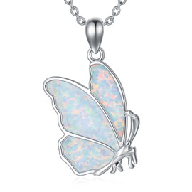 LELOUCHY Butterfly White Opal Necklace 925 Sterling Silver Pendant for Women October Birthstone Birthday Jewelry Gifts 18-inch Chain and 2-inch Extender
