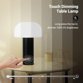 ZOOPEEN Cordless Mushroom Table Lamp,Rechargeable 4000mAH Portable Battery Operated Lamp,3 Color Stepless Dimming Modern Lamps for Bedside Lamps,Touch Dimming Night Light for Home/Restaurant Black