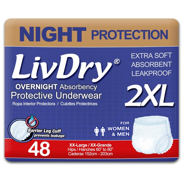 LivDry XXL Overnight Adult Diapers for Women and Men, Incontinence Underwear, XX-Large, 48-Pack