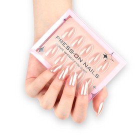 Laser Nude Press on Nails Medium Almond Fake Nails with Design Shiny Aurora Glue on Nails Full Cover Spring Nail Glossy Reusable 30pcs -15Sizes Solid Chrome False Nail for Women Girls Manicure