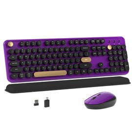 MPTOG Colorful Wireless Computer Keyboard and Mouse Combo with Round Typewriter Keycaps, Retro Design, Power Switch, Ergonomic Design, 2.4GHz Wireless for Windows, Mac, PC(Black-Purple)