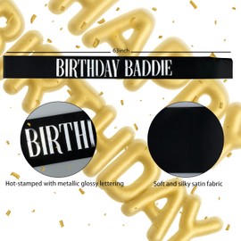 GLITZJOY Birthday Sash, BIRTHDAY BADDIE Sash Black Glitter Sash with Silver Foil Sparkly Satin Birthday Sash for Women Girls Men Decorations for Party Supplies