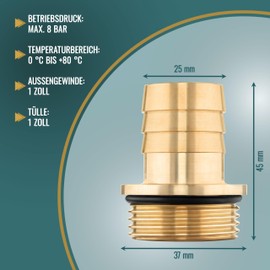Poppstar Hose Nozzle 1 Inch Male (33.24 mm) to 1 Inch Nozzle (25 mm), Brass, with Collar and O-Ring