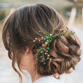 BETITETO Crystal Bridal Hair Pin Emerald Green Gold Hair Vine Accessories Headpiece Elegant for Wedding Party Banquet (Emerald Green)