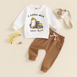 Geagodelia Toddler Baby Boy Fall Spring Outfit Clothes Excavator Print Jumper Sweatshirt Top Trouser Jogger Set Tracksuit (White Khaki, 12-18 Months)