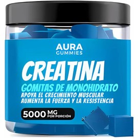 Aura Gomitas Creatina Monohidratada Veganas 120 Piezas Hombres y Mujeres Porción 5gr Sabor Blueberry Sin Azúcar Sin Calorías Más Energía Rápida Recuperación Muscular Preworkout Alto Rendimiento