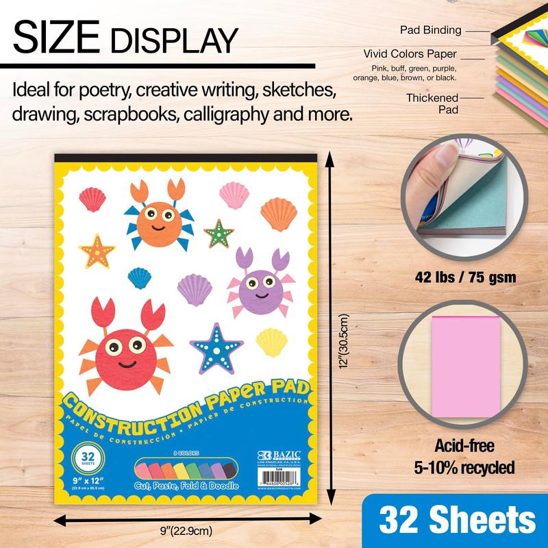 BAZIC Products Construction Paper Pad 32 Sheet 9" X 12",