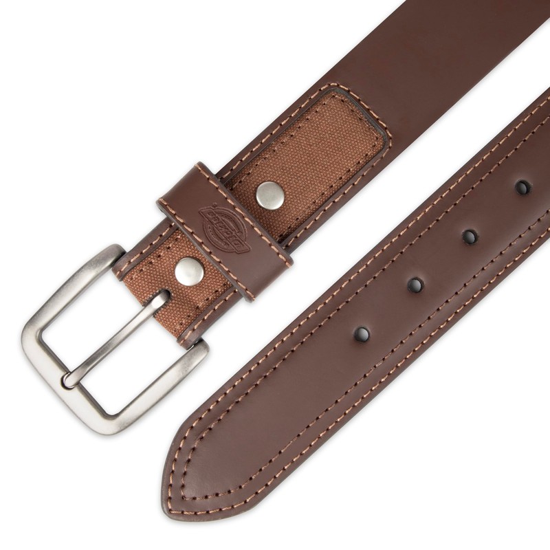 Dickies Men's Leather Canvas Inlay Belt, Brown, Medium
