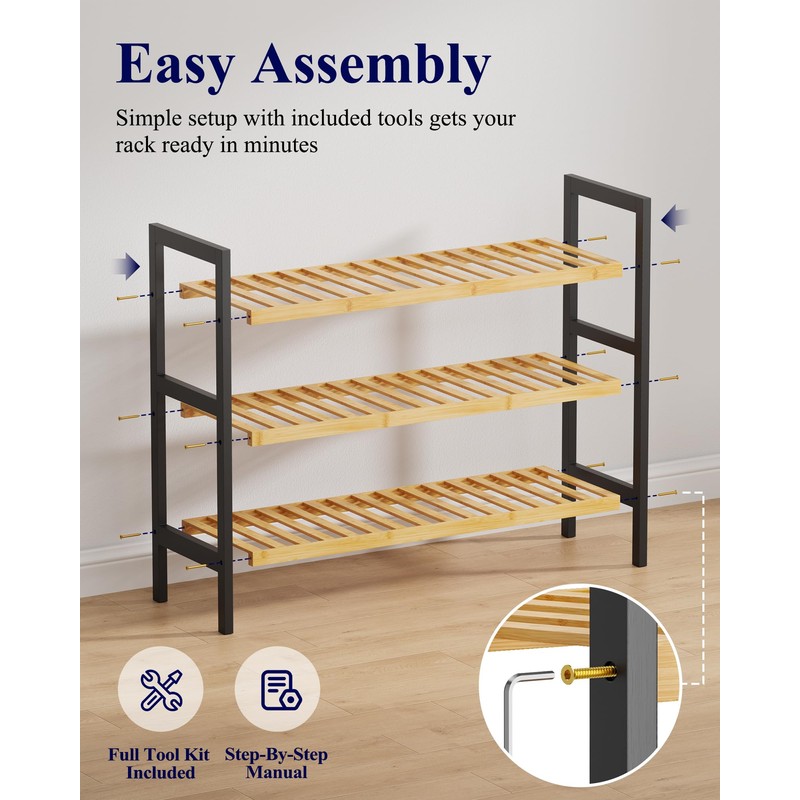 Bamboo Shoe Rack for Entryway, 27.5" x 9.8" x 25.6",