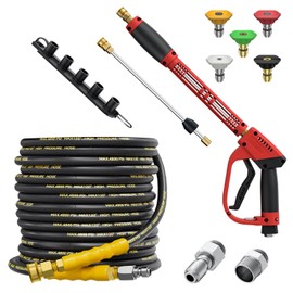 TechSweepPro 5000PSI Pressure Washer Gun and Hose Kit, 50FT Kink Resistant Steel Braided Power Washer Hose with 3/8" Swivel Quick Connector and M22 14mm Adapters Replacement/30" Extension Washer Wand