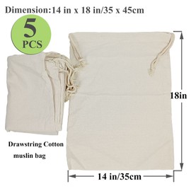Freletry Drawstring 100% Cotton Muslin Bags Reusable Storage Bag for Shopping Home Kitchen Food Grocery Vegetable Storage etc. (5 PCS 14"x18"/35x45cm)