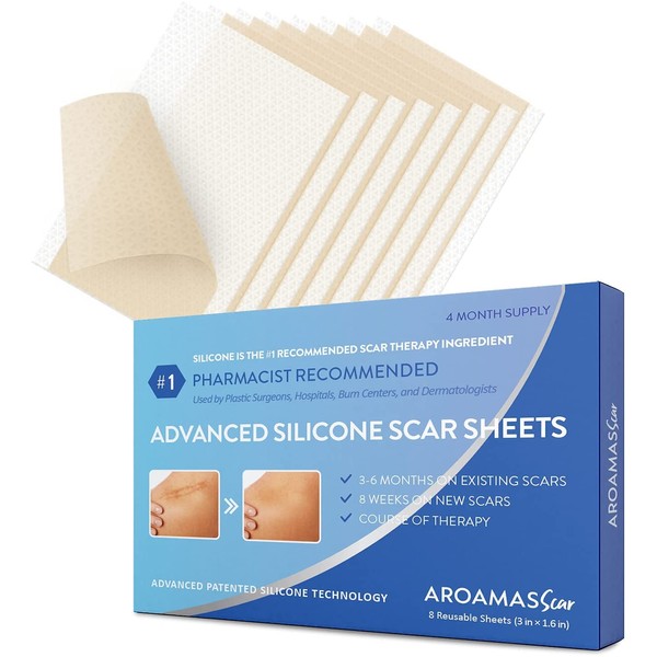 Aroamas Scar Professional Silicone Scar Sheets, Soften and Flattens Scars Resulting from Surgery, Injury, Burns, C-Section and More, Soft Silicone Scar Strips [3"x1.57", 8 Sheets for 4 Month Supply]