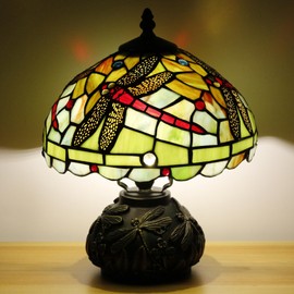 Small Tiffany Table Lamp Blue Bead Style Stained Glass Desk Lamp 10X11.5 Inch Mushroom Table Light for Office Home Living Room Bedroom