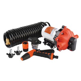 SEAFLO 55-Series Washdown Pump Kit - 12V DC, 5.5 GPM, 70 PSI, Self-Priming, Coiled Hose, Spray Nozzle, High Flow for RV, Boat, Off-Grid, Freshwater, and Saltwater Applications 4-Year Warranty