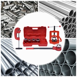 Ratchet Pipe Threader Kit, Manual Ratcheting Pipe Threading Tool Set w/ 5 Dies 3/8'', 1/2'', 3/4'', 1'', 1-1/4''Portable Pipe Cutter Plumbing Tool for Metal & Pvc Pipes