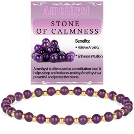 QOGIR Amethyst - Stone of Calmness - 14K Gold Plated Beads Natural Gemstone Stretch Elastic Dainty Healing Beaded Bracelets Gifts 4mm