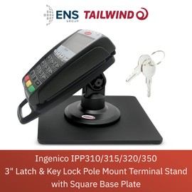 ENS Tailwind Ingenico IPP310/315/320/350 3" Latch and Key Lock Compact Pole Mount PIN Pad Stand with Square Freestanding Mobility Base Plate, Black