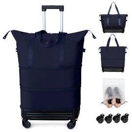 Rolling Duffel Bag with Detachable Wheels & Handle,Expandable Foldable Travel Duffle Bag,Carry on Luggage Large Tote Bag for Gym Overnight Weenkend Trip(Navy Blue)