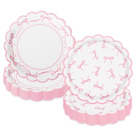 JarThenaAMCS - Plato de papel de lazo rosa con lazo festoneado desechable, bonito plato de cena de postre para suministros de decoración de despedida de soltera, 9 pulgadas y 7 pulgadas