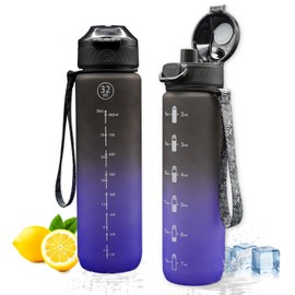 NAVTUE Water Bottle, 1 Litre Water Bottle with BPA-Free, Time Markings, Leak-Proof Sports Drinking Bottle for Fitness, Cycling, Office, Running, Gym, Yoga (Black Blue)